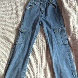 Size extra small blue denim, baggy pants with two pocket flaps